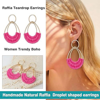 Raffia Hoop Earrings for Women Fun Boho Summer Beach Earrings Lightweight Handmade Straw Wicker Rattan Dangle Earrings Statement Geometric Round Drop Earrings - color: Hot Pink - Teardrop