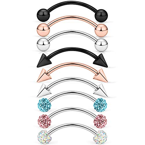 Lcolyoli 20g Surgical Steel Tiny Curved Eyebrow Barbell Ear Navel Belly Ring Piercing Jewelry for Women Men 10mm 9-12 Pieces - color: D: 9Pcs-20G-3/8"
