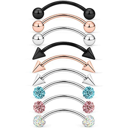 Lcolyoli 20g Surgical Steel Tiny Curved Eyebrow Barbell Ear Navel Belly Ring Piercing Jewelry for Women Men 10mm 9-12 Pieces - color: D: 9Pcs-20G-3/8"