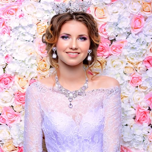 Hicarer Bridal Teardrop Cluster Crystal Jewelry Set for Women Necklace Earrings Wedding - color: Light Purple