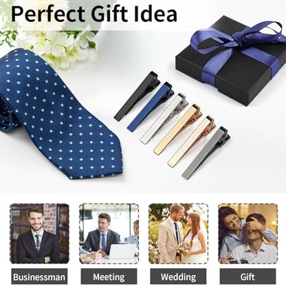 MOWPOG 6 Pcs Tie Clips for Men, Tie Bar Pins Tacks with Gift Box | Copper, Shiny & Glossy, for Father, Husband, Boyfriend, Business, Wedding, Suit Accessories, Easy to Open, Won't Fade/Scratch - color: silver/black/gray/rose gold/gold/deep blue