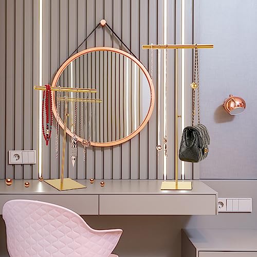 Stainless Necklace Display and Jewelry Stands, 2 Pack Adjustable Height Purse Display Stand, Non-Slip Jewelry Holder Organizer T-bar Tower Necklaces Rack for Vendors Retail Store Counter Home Closet