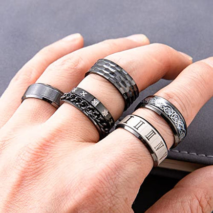 9Pcs Stainless Steel Band Rings for Men Women Fidget Anxiety Relief Rings Spinner Ring Wedding Promise Rings Set - color: Black