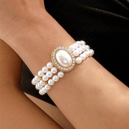 Multi-Layer Faux Pearl Bracelet for Women, Oval Gemstone Elegant Bangle with Rhinestone Accents - color: Gold, size: One Size