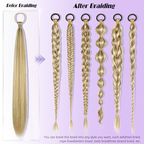 Ponytail Extension with Hair Tie DIY Braided Ponytail Extension for Woman 2 PCS Warp Around Yaki Straight Sleek Hairpieces Light and Soft Fluffy Stayle Ponytail for Women Daily Party Use - color: Mixed Blonde with Platinum Highlight