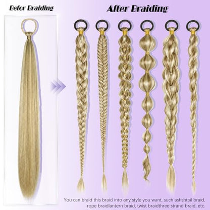 Ponytail Extension with Hair Tie DIY Braided Ponytail Extension for Woman 2 PCS Warp Around Yaki Straight Sleek Hairpieces Light and Soft Fluffy Stayle Ponytail for Women Daily Party Use - color: Mixed Blonde with Platinum Highlight