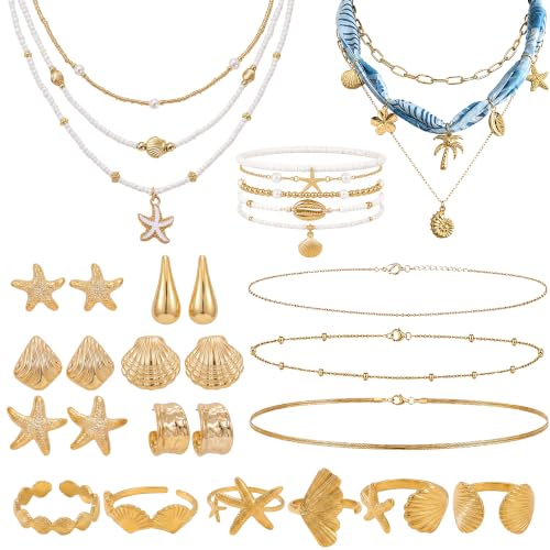Boho Beach Jewelry Sets for Women | Summer Seashell Starfish Accessories, Necklace, Earrings, Rings Anklet - style: 26pcs Ocean Beach Set