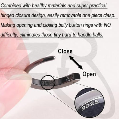 ZS 14G Clicker Belly Button Rings for Women, 925 Sterling Silver Belly Barbell Piercing Gold Reverse Curved Navel Barbell Body Jewelry - color: Black,Inner diameter:8mm