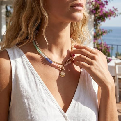 Colorful Acrylic Beaded Necklace For Women, Boho Double Layer Rainbow Beads Thick Cuban Chain Chunky Heart Pendant Statement Choker Summer Beach Jewelry Gift - color: Colorful Gold Shell