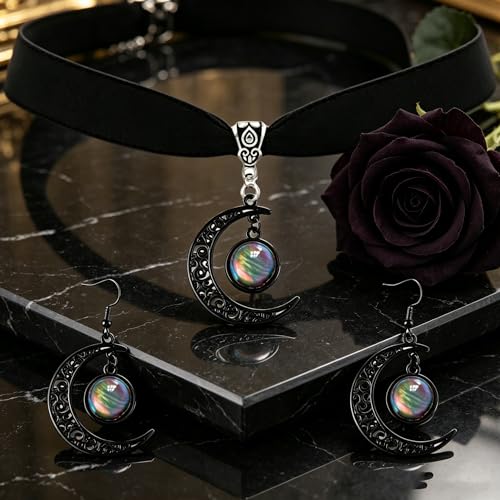 ONLYJUMP Gothic Witch Moon Earrings Necklace Set for Women Goth Black Velvet Moon Choker Necklace Moon Zirconia Dangle Drop Earrings Dark Halloween Witch Vampire Jewelry - color: colorful