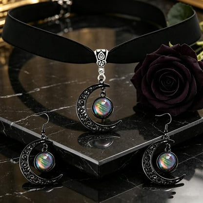 ONLYJUMP Gothic Witch Moon Earrings Necklace Set for Women Goth Black Velvet Moon Choker Necklace Moon Zirconia Dangle Drop Earrings Dark Halloween Witch Vampire Jewelry - color: colorful