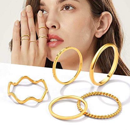 PROSTEEL Stainless Steel Rings Set, Women's Plain Band Knuckle Stacking Midi Rings Comfort Fit, Silver/Gold/Rose Gold/Black Tone, Multi Size #4-#12 - color: B: 5 pcs-gold