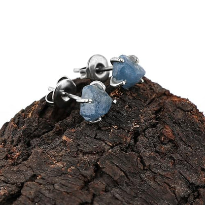 YASHEE Natural Sapphire Crystals Stud Earring, Raw Stone, Chakra Energy Healing Gemstone, Real Crystal, September Birthstone, Women & Girls Push Back Earrings, SIlver Plated Christmas Gift Jewelry