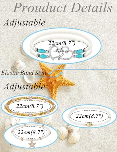 Shell Ankle Bracelet Set for Women Gold Boho Bead Anklets Summer Hawaiian Beach Seashell Pearl Disc Double Heart Starfish Conch Layered Foot Chain Jewelry Adjustable - style: B: Heart