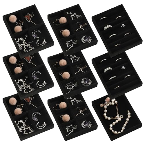 Frebeauty Small Jewelry Organizer for Drawer,Set of 9 Velvet Jewelry Trays | Jewelry Box Inserts,Drawer Inserts,Vanity Drawer Organizer,Mini Size,Stackable Earring Organizer,Adjustable Dividers - color: Black, size: Mixed Set 9