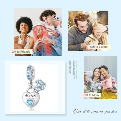 Love Heart Birthstone Dangle Charms Compatible with Pandora Bracelets | 925 Sterling Silver 5A Cubic Zirconia Mother's Day Christmas Birthday Birthstone Gifts Bead Charm Pendants Women Jewelry - color: March Dangle Birthstone Charms