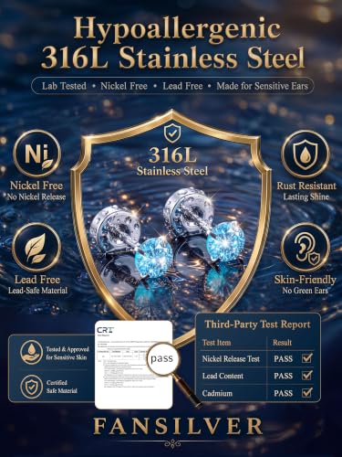Fansilver 20G Hypoallergenic Flat Back Earrings for Women Men Silver 14K Gold Stainless Steel Stud Earrings Birthstone Cubic Zirconia Studs Surgical Steel Cartilage Earrings for Sensitive Ears - color: Silver Multi