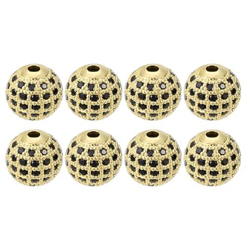 UXCell Round Charm Spacer Beads, 8Pcs 10mm - Brass Rhinestone & Zircon Beads for DIY Bracelets & Earrings (Black - Gold) - color: Gold, size: 10mm