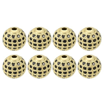 UXCell Round Charm Spacer Beads, 8Pcs 10mm - Brass Rhinestone & Zircon Beads for DIY Bracelets & Earrings (Black - Gold) - color: Gold, size: 10mm