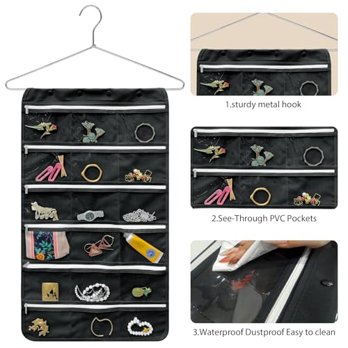 Bloss Hanging Jewelry Organizer, Black Earring Travel Storage Holder with 36 Zippered Pockets for Suitcase, Closet, Foldable Roll Case - color: Black - zipper