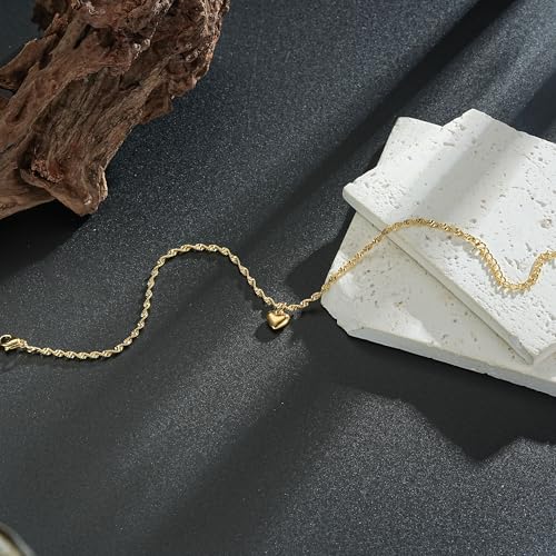 Ritach Gold/Silver Ankle Bracelets for Women 14K Gold Anklets for Women Waterproof Cuban Link Heart Bead Anklets Set Layered Anklet Bracelets for Women Gold Jewelry Gift - color: Gold heart