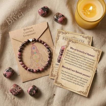 Bivei Crystal Stretch 6mm Bracelets for Women | Handmade Natural Stone Beaded Stretch Bracelet, Stainless Steel Heart Bead, Tranquility Yoga Gift Jewelry for Women - color: Rhodonite - Healing