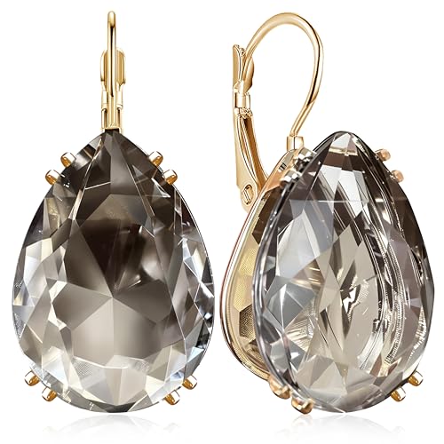 14K Gold Teardrop Crystal Leverback Earrings Sparkly Rhinestone Water Droplet Dangle Drop Earrings For Women - color: Grey