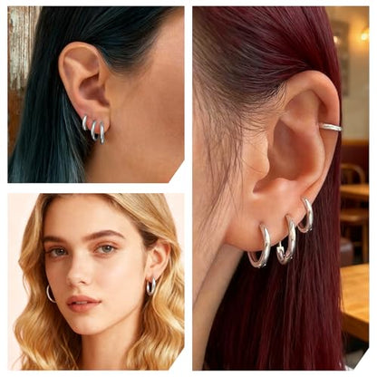 4 Pairs Small Gold Silver Huggie Hoop Earrings for Women Surgical Steel Set | 14K Gold Plated 316L Stainless Steel, 6/8/10/12 mm, Hypoallergenic, Lightweight, Mini Jewelry - color: Silver/4 Pairs