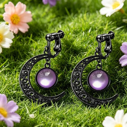 Gothic Moon Clip On Earrings for Women Black Filigree Dangle Moon Earrings Halloween Witch Earring Colorful Crystal Vampire Earring Accessories Halloween Jewelry Gifts - color: Purple