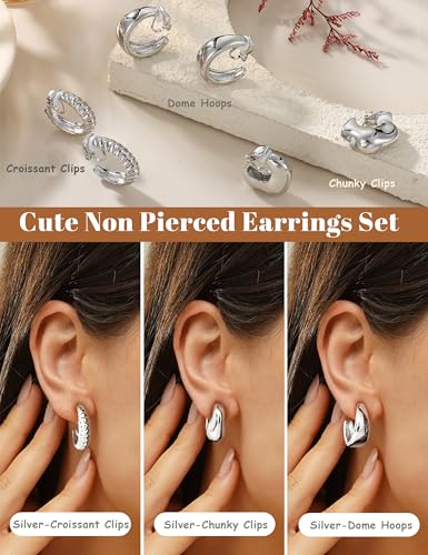 BESTEEL 3Pairs Clip on Earrings for Women Trendy Chunky Hoops Fake Earrings | Hypoallergenic 14K Gold Plated Lightweight Tube Croissant Waterdrop Clip-on Earrings Set Non Pierced Earrings Jewelry Gift - color: Silver-Trendy
