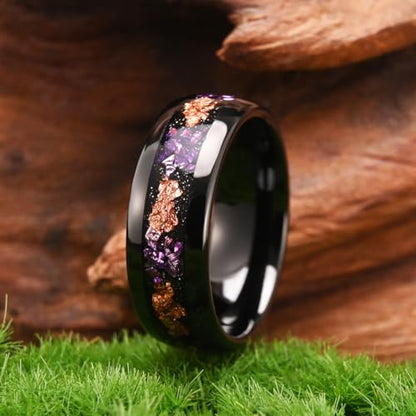 Tungsten Rings for Men and Women 8mm/4mm Men’s Wedding Bands | 8mm Black Inlaid Purple Galaxy Opal Fashion High Polished Suitable for engagement and anniversary parties comfortable fit - color: 8mm gold and purple