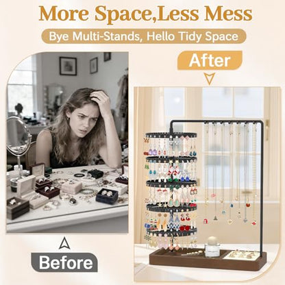 MODOWEY Rotating Earring Holder Organizer Jewelry Stand Adjustable Display | 285 Slots Dangle Tree 14 Hooks Tall Necklace Rack for Women, 5 Tiers Compact Large Capacity Metal Tower with Wooden Ring Tray - color: Black-Brown
