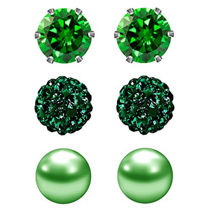 JewelrieShop Birthstone Studs Earring Set Cubic Zirconia Rhinestones Crystal Ball Faux Pearl Stainless Steel Stud Earrings for Women Jewelry Gift (6mm Round,3 Pairs) - color: 5) May. - Green