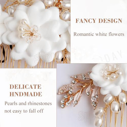 Fancy White Flower Bride Wedding Hair Comb, Handmade Pearl Rhinestone Hair Accessory for Bridal Women (Gold with 3 Flowers) - color: Style 1(with 3 Flowers)