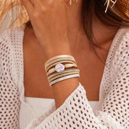 Wrapped Bracelets for Women,Leather Boho Bracelets for Women - color: Shell-Khaki