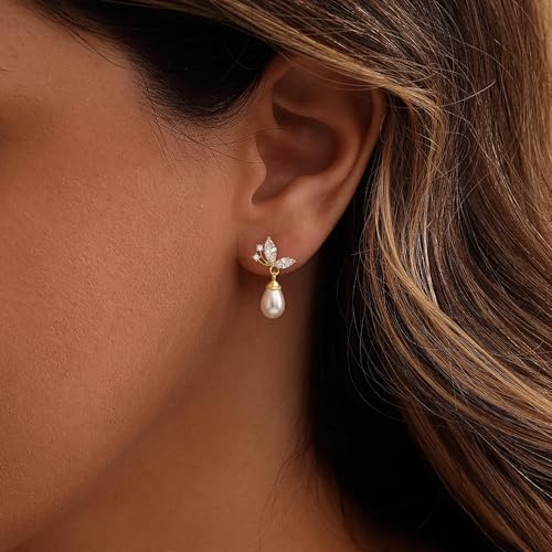 Pearl Earrings for Women:Gold Wedding Dangle Drop Earring Pearl Jewelry | 14K Gold Plated Pearl Drop Earrings for Women,Dainty Wedding Bride Earring Studs,Gold Dangle Drop Earring,Waterproof Jewelry - size: 1 pcs-16