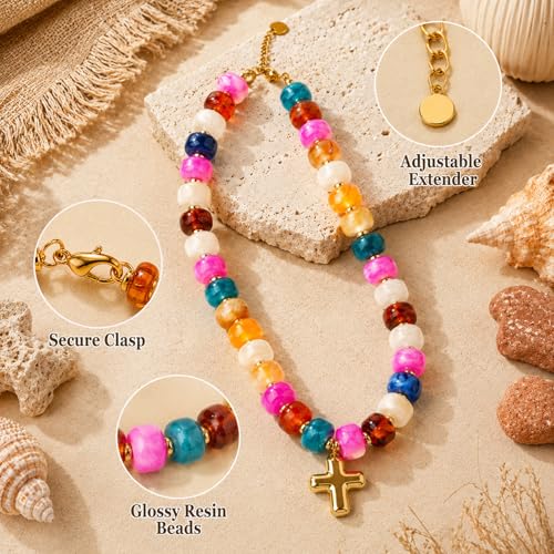 Colorful Resin Chunky Beaded Necklace for Women Modern Statement Choker Necklace with Gold Tone Cross Pendant Boho Summer Jewelry Gift - color: Multicolor-1