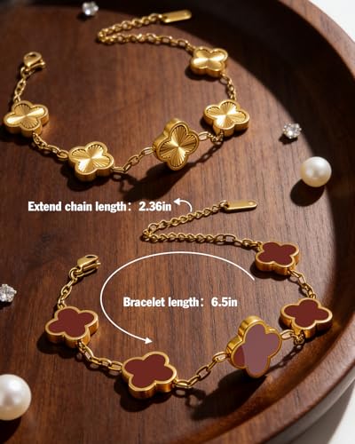 Four Leaf Clover Bracelet 18K Gold Plated Bracelets for Women Lucky Flower Design Stainless Steel Hypoallergenic Link Chain Adjustable Dainty Trendy Jewelry Gifts for Women - color: Gold+Red