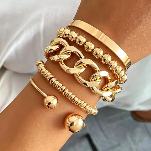 Golden Bangle Bracelets Set for Women, 14k Gold-Plated Multi Layer Stackable Cuff Bracelets, Personalized Boho Non Tarnish Adjustable Bangle Jewelry Gift for Her - color: 5PCS Golden Cuban Link Chain