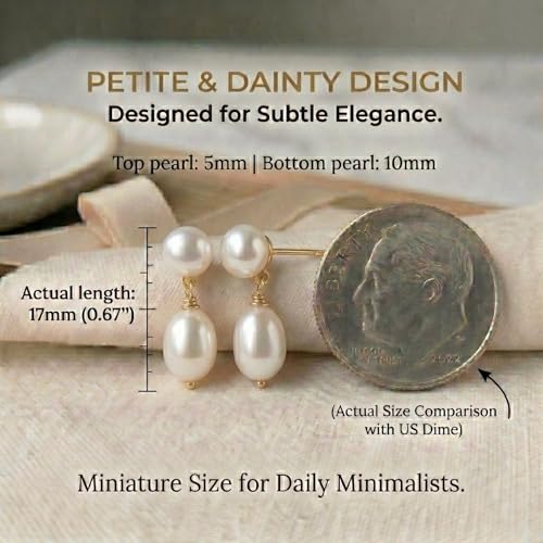 Petite Pearl Drop Earrings for Women - Real Freshwater Cultured Pearls Collection, S925 Sterling Silver Hypoallergenic Posts, 18K Gold Plated Dainty Jewelry - color: White