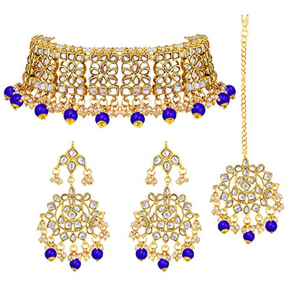 Aheli Elegant Indian Faux Kundan Studded Choker Necklace with Maang Tikka Set Ethnic Wedding Wear Bharatanatyam jewellery set Gift for Women - color: Blue 2