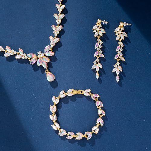 Paxuan Wedding Jewelry Sets for Bride Bridesmaid Bridal Jewelry Set for Women Wedding Crystal Necklace Earrings Bracelet Set for Party Prom Jewelry - color: AB - 14K Gold