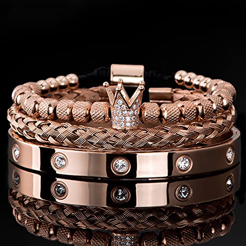 3pcs/set Classical Handmade Braiding Bracelet Hip Hop Men Pave CZ Leopard Head Roman Numeral Bracelet Stainless Steel Jewelry - color: 3pcs K Rose gold