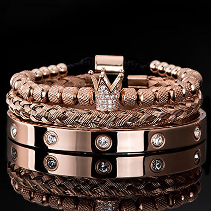 3pcs/set Classical Handmade Braiding Bracelet Hip Hop Men Pave CZ Leopard Head Roman Numeral Bracelet Stainless Steel Jewelry - color: 3pcs K Rose gold