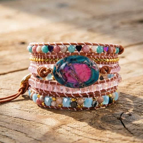 YGLINE Boho Handmade Natural Stone Wrap Bracelets Jasper Crystal Beads Bracelet Jewelry - color: jasper 1-5wrap