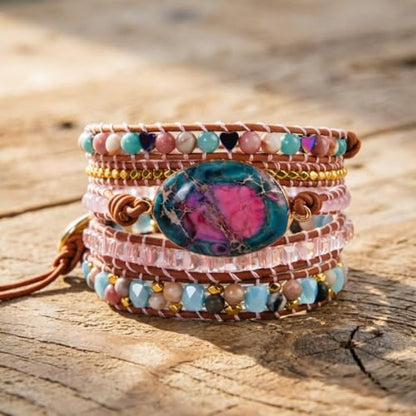 YGLINE Boho Handmade Natural Stone Wrap Bracelets Jasper Crystal Beads Bracelet Jewelry - color: jasper 1-5wrap