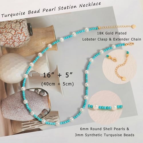Aobei Pearl 18K Gold Plated Paperclip Chain Choker Satellite Chain Freshwater Cultured Biwa Pearl Pendant Necklace Dainty Turquoise Jewelry for Women - color: Green-blue Turquoise White Pearl