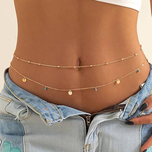 Gold Layered Belly Chain Turquoise Charm Belly Chain Adjustable Double Minimalist Waist Chain Summer Beach Vacation Jewelry Accessories - color: gold