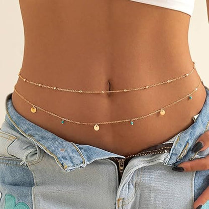 Gold Layered Belly Chain Turquoise Charm Belly Chain Adjustable Double Minimalist Waist Chain Summer Beach Vacation Jewelry Accessories - color: gold