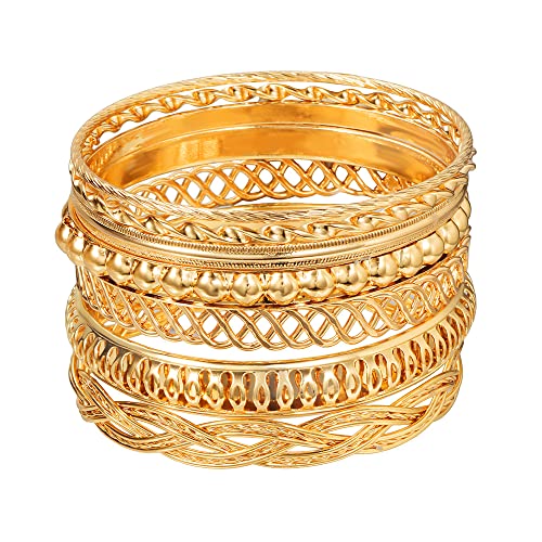 COLORFUL BLING 5-12Pcs Boho Indian Bangles for Women Twisted Chunky Stackable Cuff Bangle Statement Jewelry Handcuffs Wedding Layered Cable Smooth Bracelets Set - color: 7pcs gold